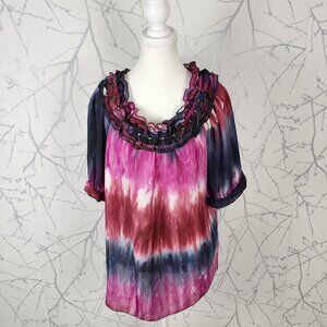 Piano Colorful Tie Dye Chainlink Ruffle Round Neck Top
